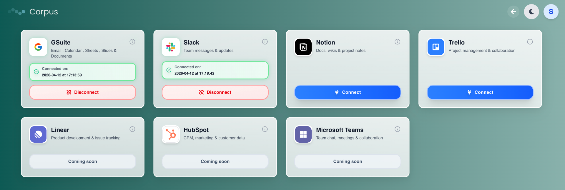 One-click integrations: GSuite, Slack, Notion, Trello, Linear, HubSpot, Microsoft Teams