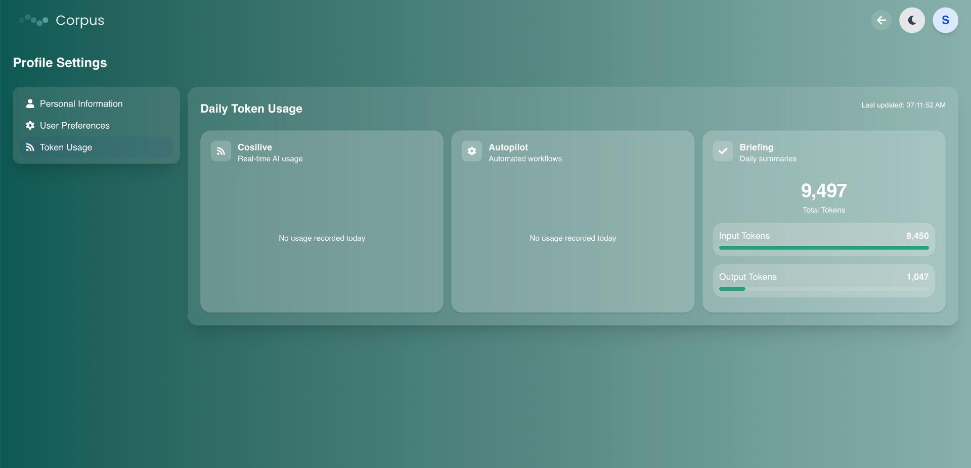 Corpus token usage dashboard showing Cosilive, Autopilot, and Briefing activity